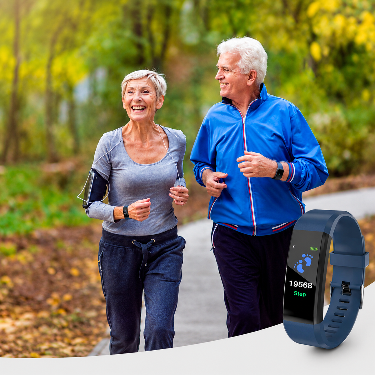 Smartwatch with colour display, activity tracking screens and adjustable wrist strap