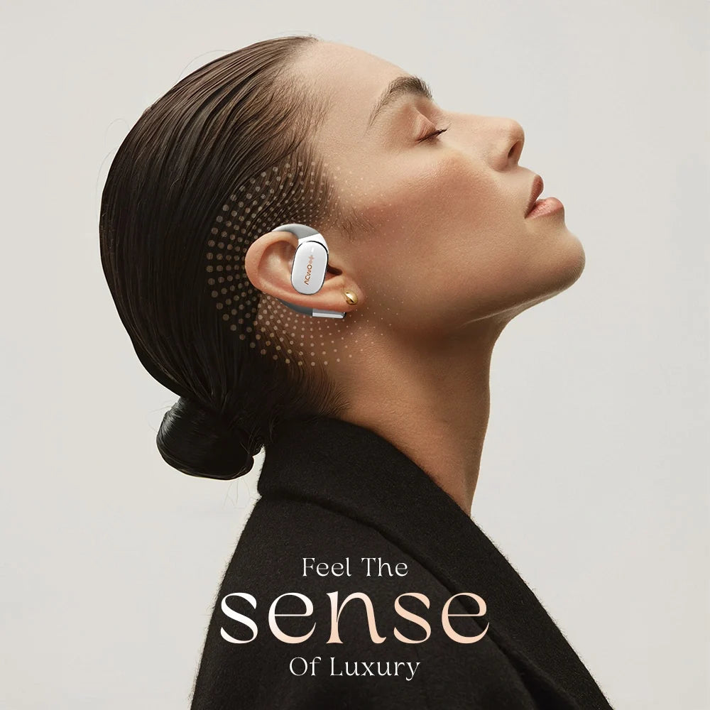 Open-ear true wireless earbuds with looped ear sections and matching charging case