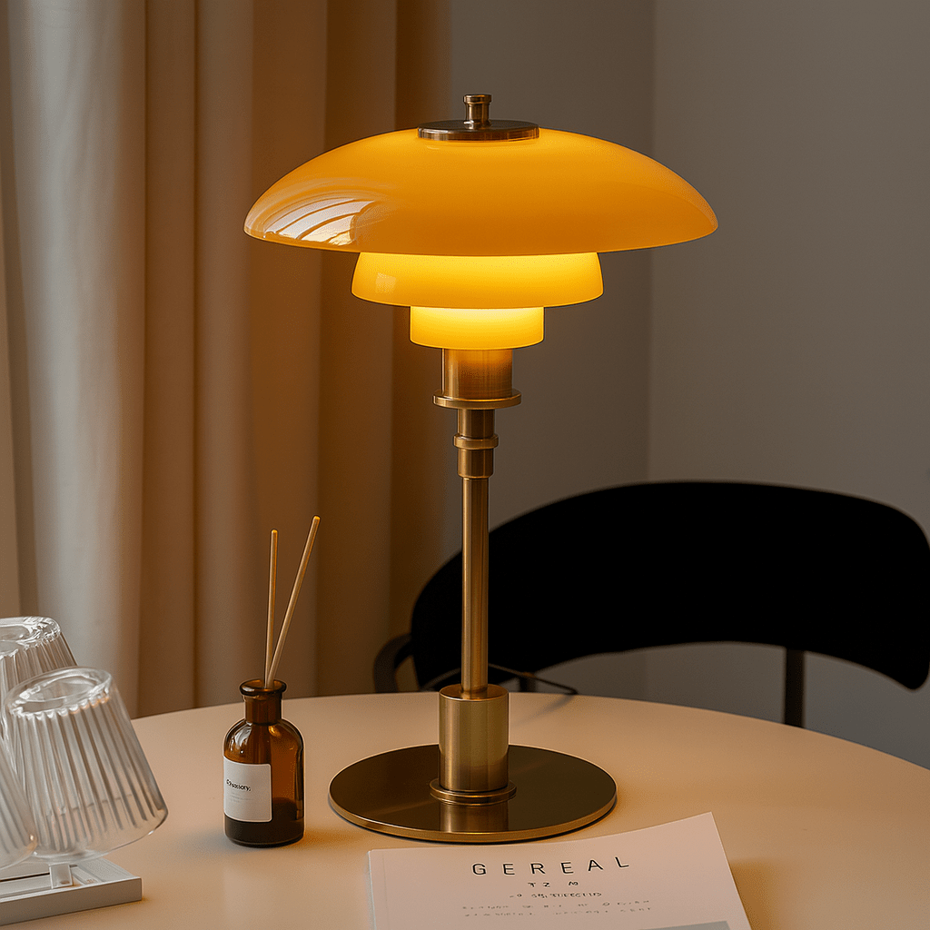 Layered LED table lamp with dome shade and circular metallic base