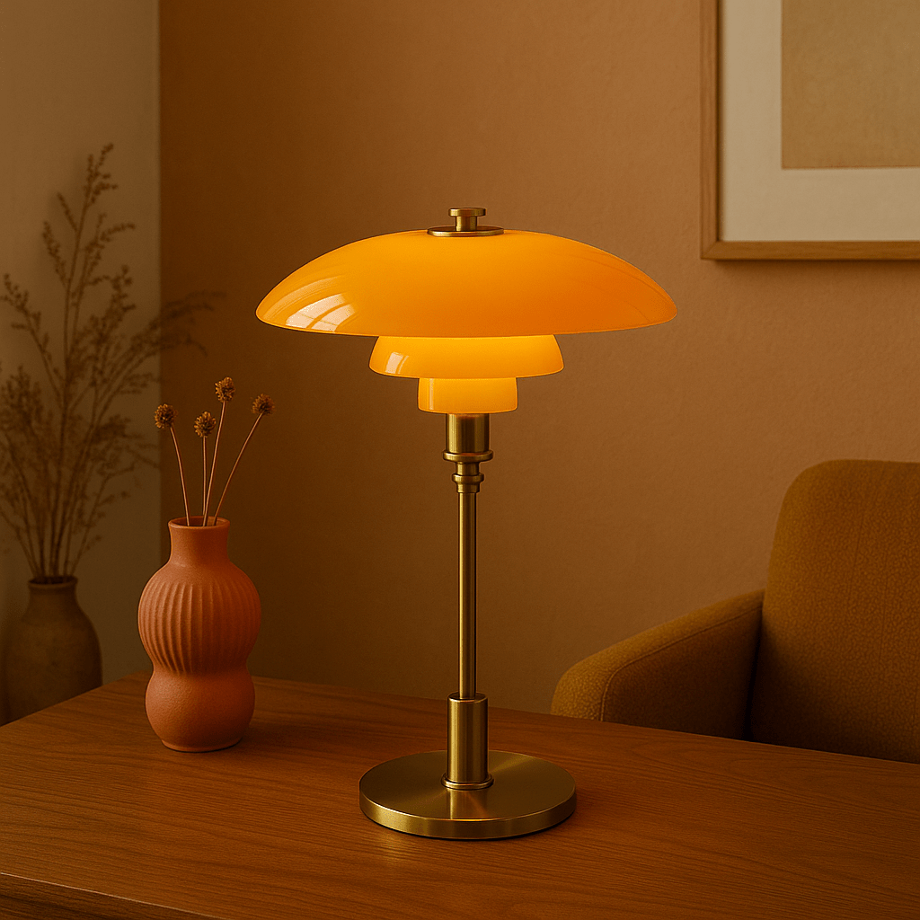 Layered LED table lamp with dome shade and circular metallic base