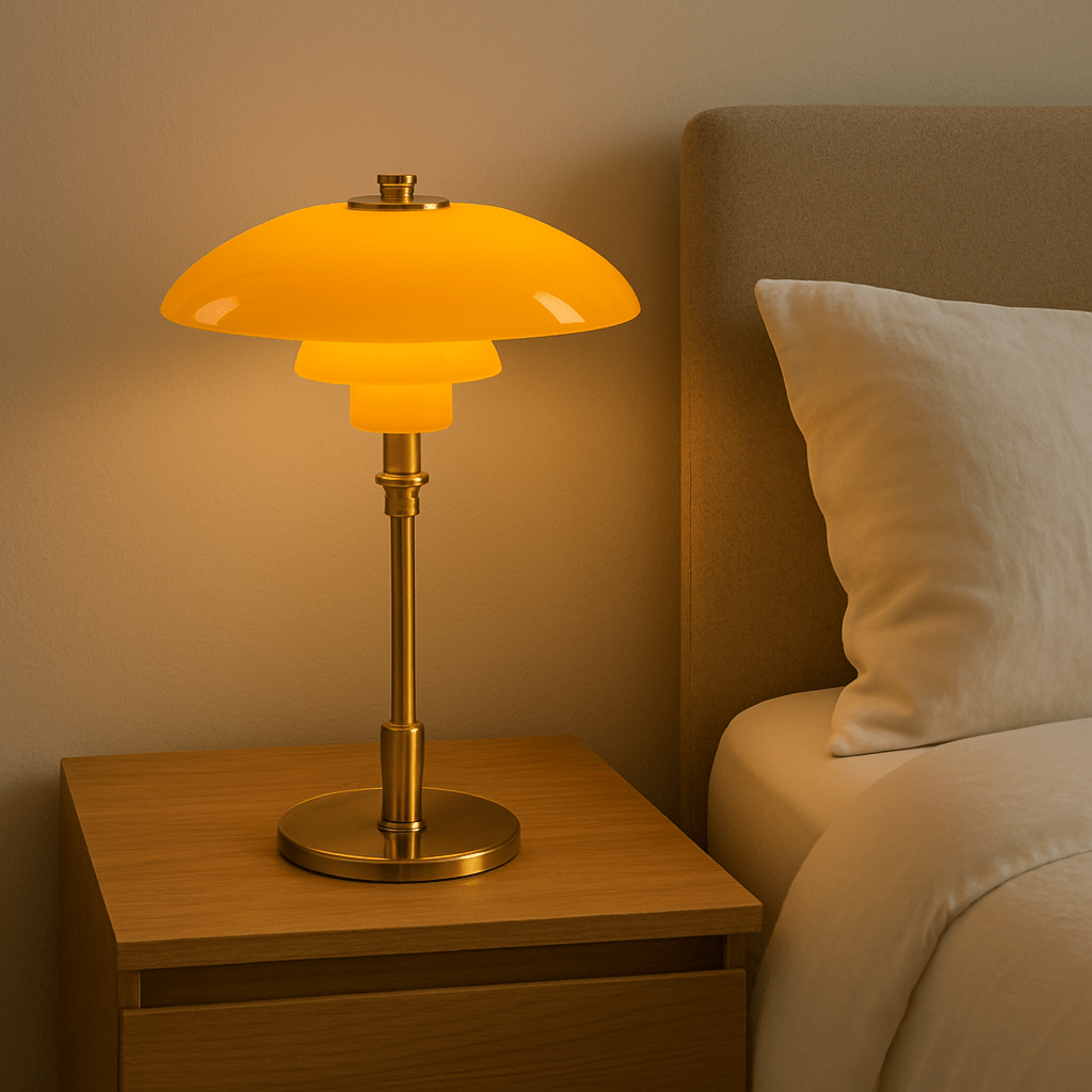 Layered LED table lamp with dome shade and circular metallic base