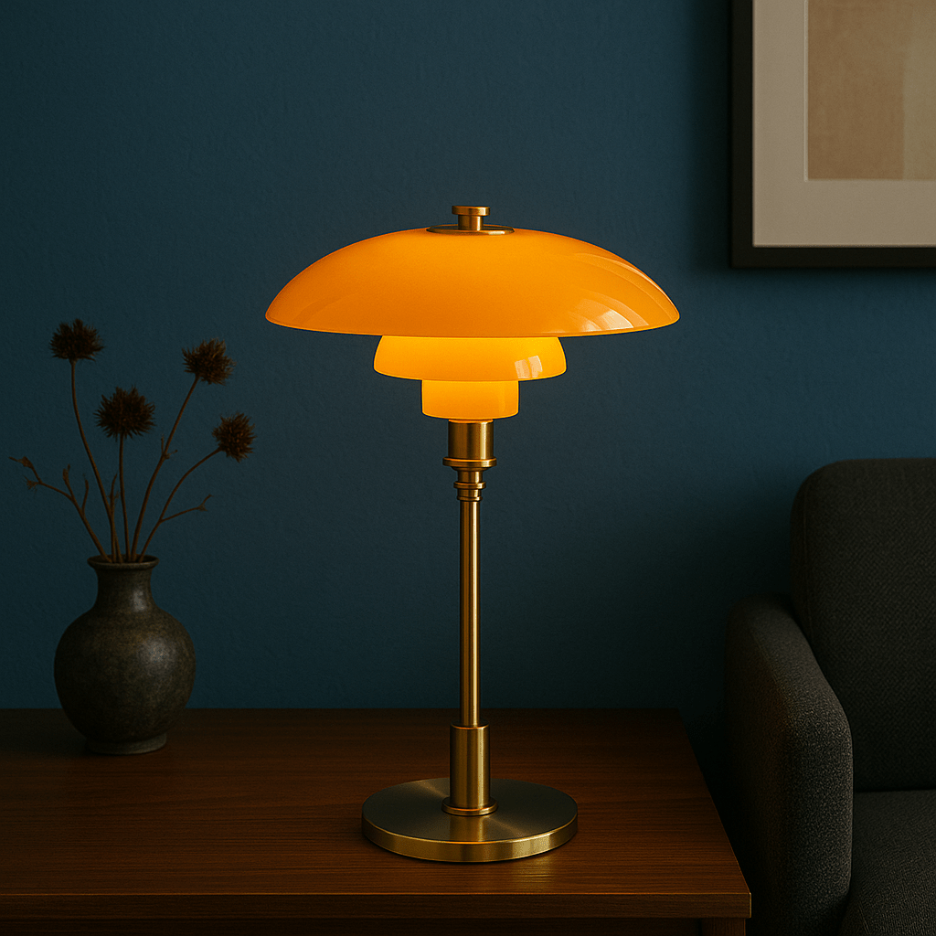 Layered LED table lamp with dome shade and circular metallic base