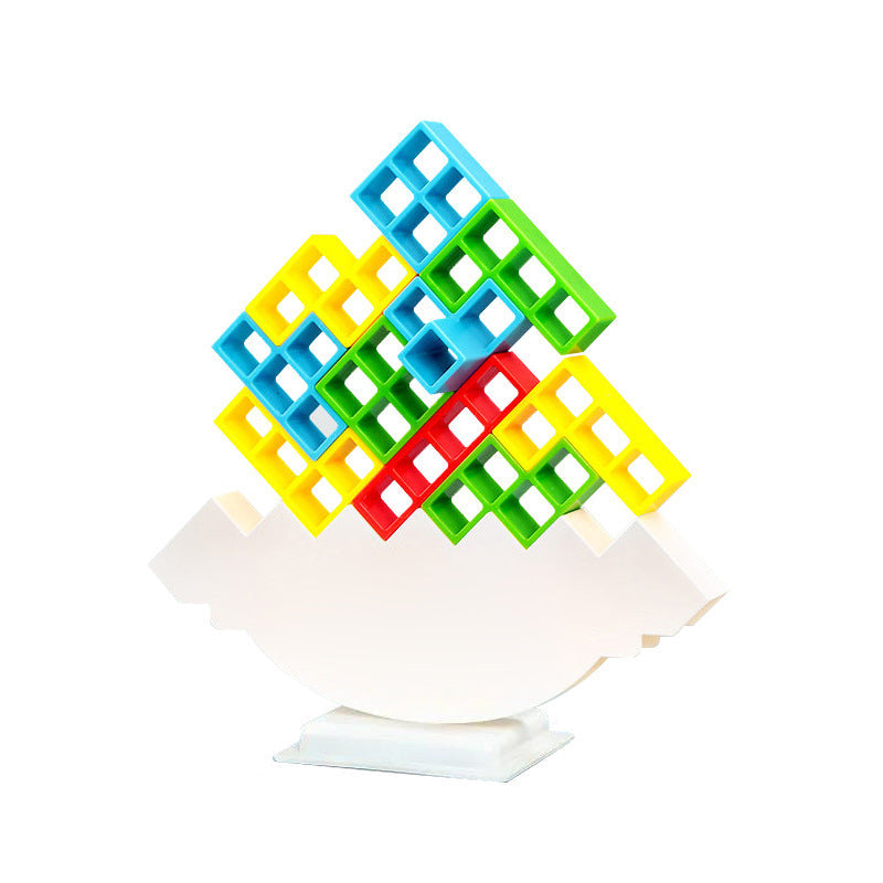 Colourful Tetris-style blocks arranged on a white balancing stand