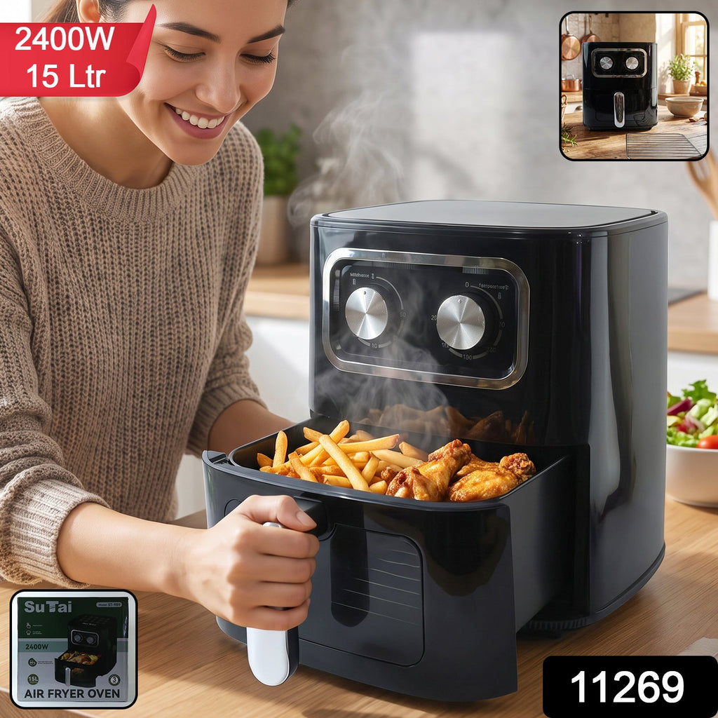 Black 15 litre air fryer oven with pull-out drawer and two control dials