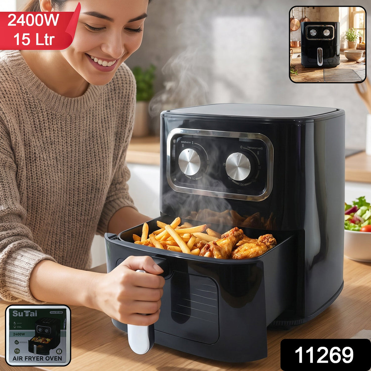Black 15 litre air fryer oven with pull-out drawer and two control dials
