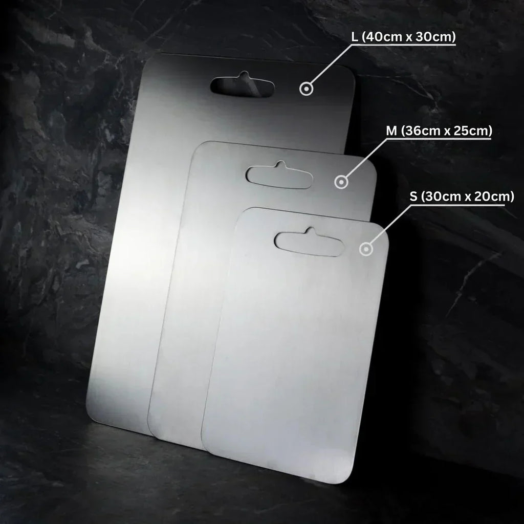 Silver titanium cutting board with integrated handle opening