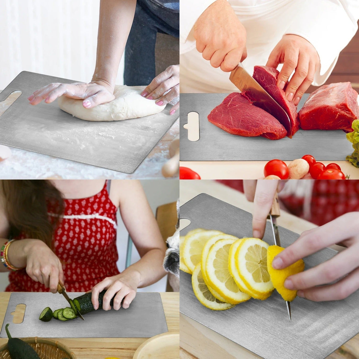 Silver titanium cutting board with integrated handle opening