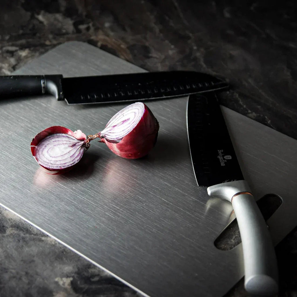 Silver titanium cutting board with integrated handle opening