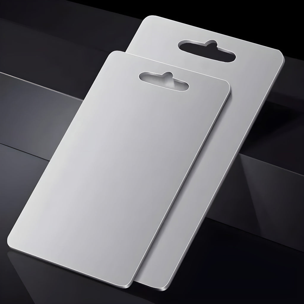Silver titanium cutting board with integrated handle opening