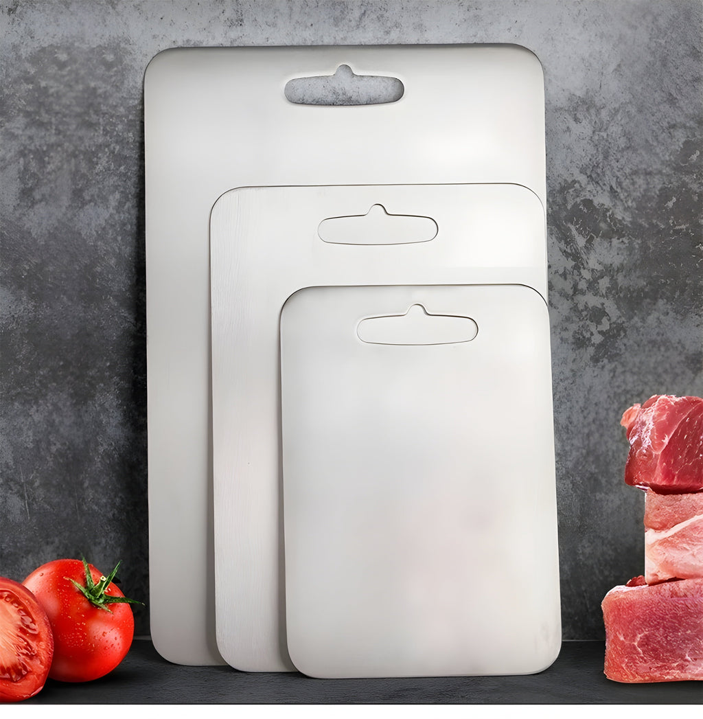 Silver titanium cutting board with integrated handle opening