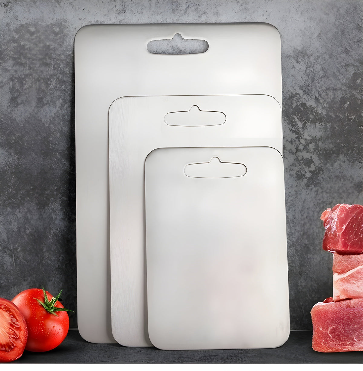 Silver titanium cutting board with integrated handle opening