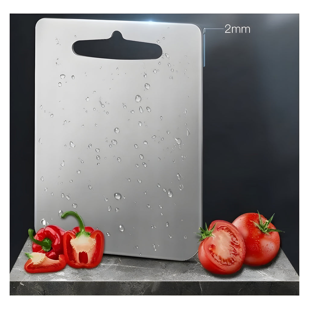 Silver titanium cutting board with integrated handle opening