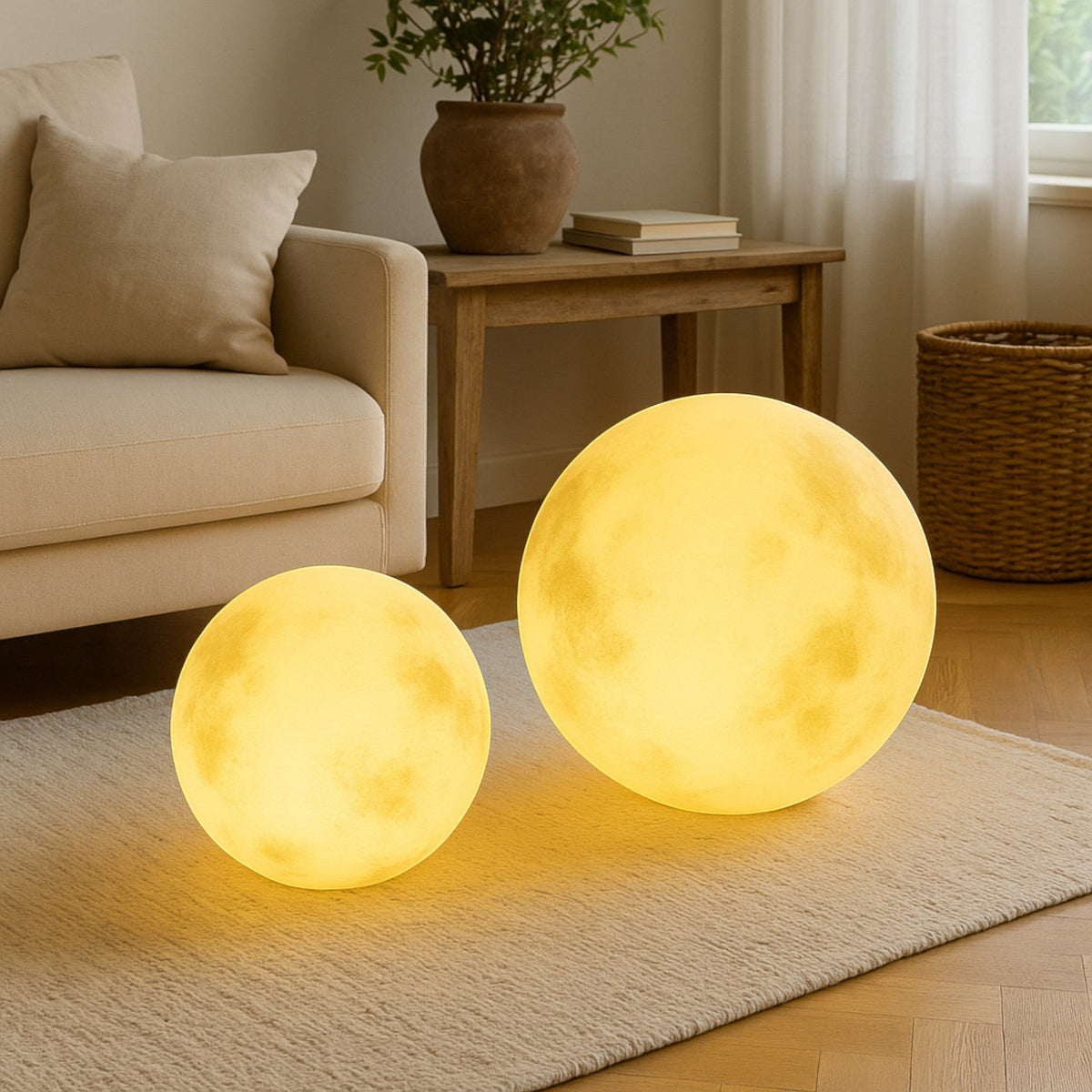 Illuminated yellow moon sphere garden lamp with mottled surface
