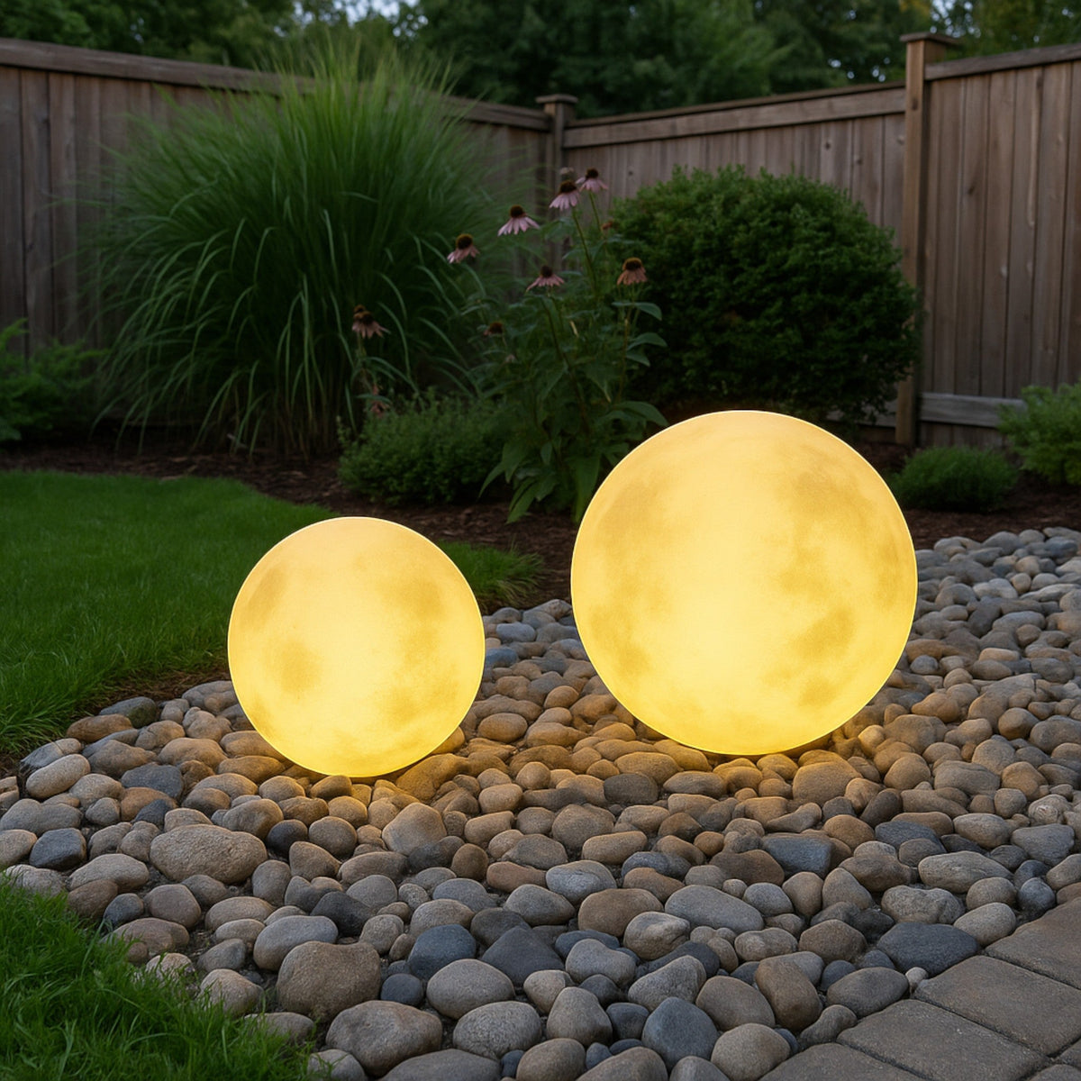 Illuminated yellow moon sphere garden lamp with mottled surface
