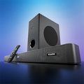 Black soundbar speaker system with separate subwoofer and remote control