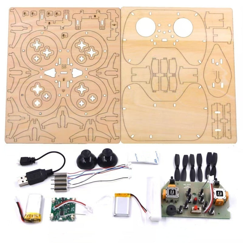 Wooden DIY quad-rotor drone kit with handheld controller