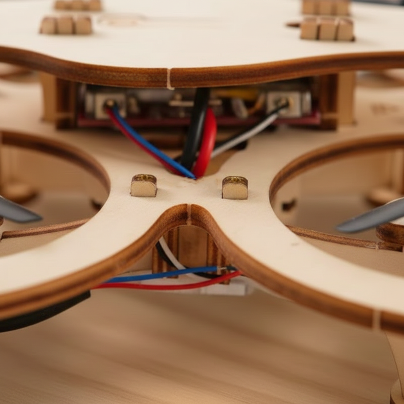 Wooden DIY quad-rotor drone kit with handheld controller