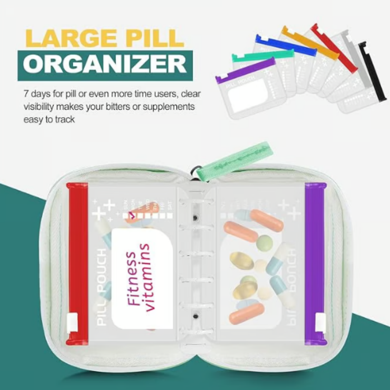 Weekly pill organiser case with 14 transparent labelled pouches