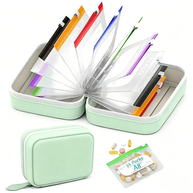 Weekly pill organiser case with 14 transparent labelled pouches