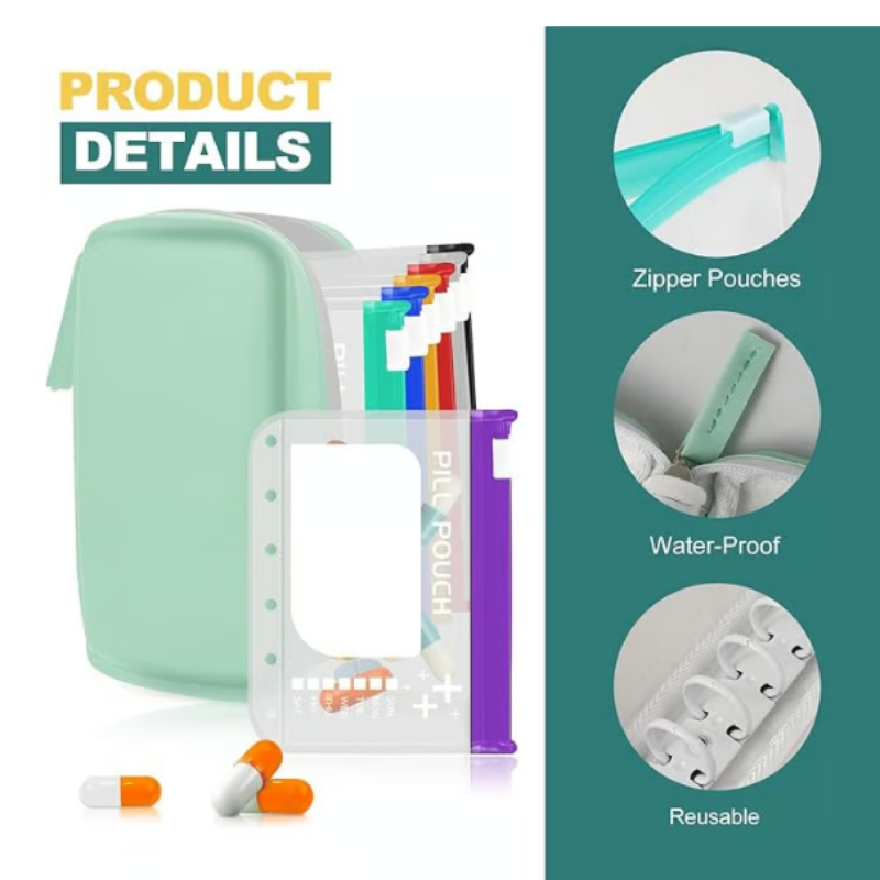 Weekly pill organiser case with 14 transparent labelled pouches