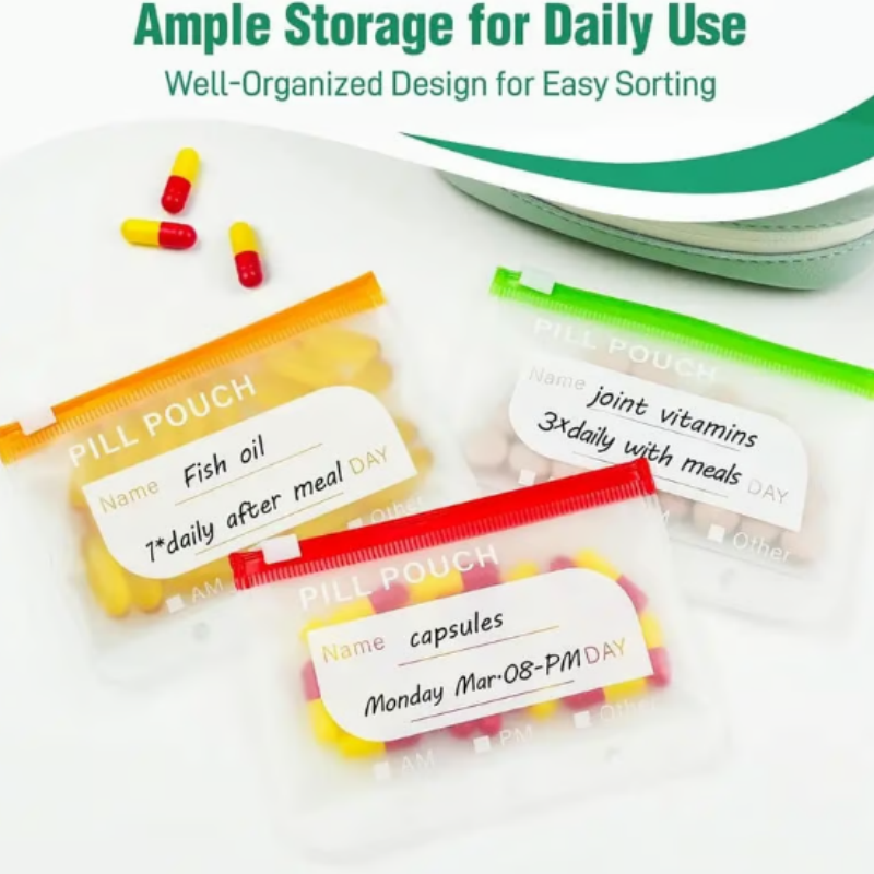 Weekly pill organiser case with 14 transparent labelled pouches