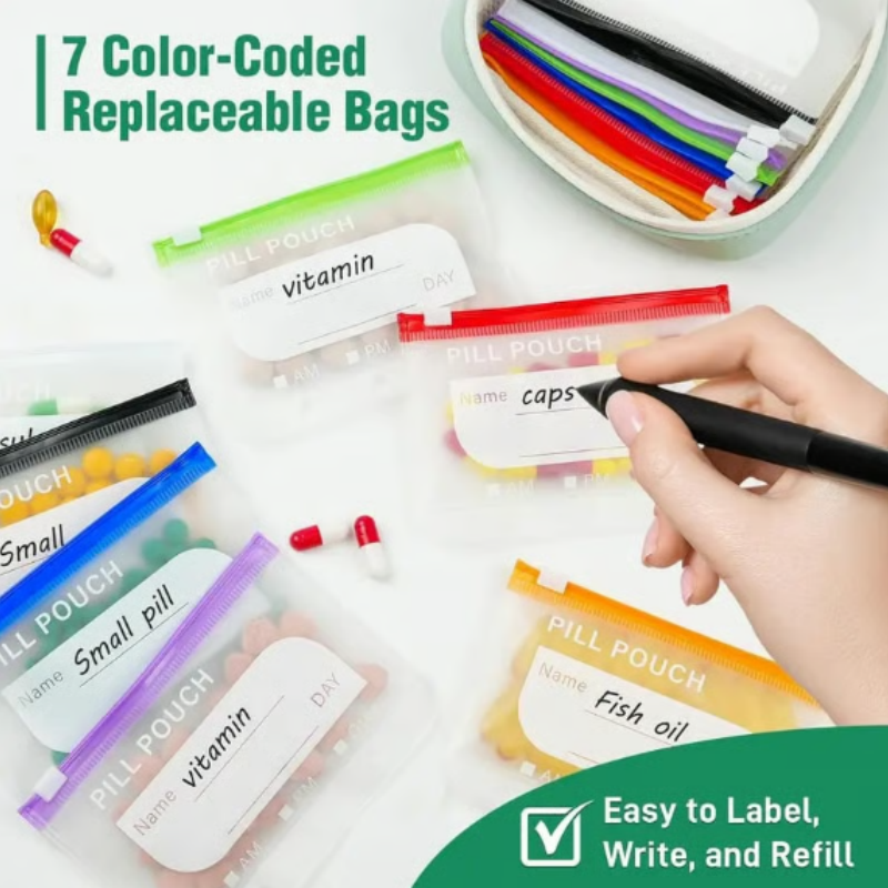 Weekly pill organiser case with 14 transparent labelled pouches