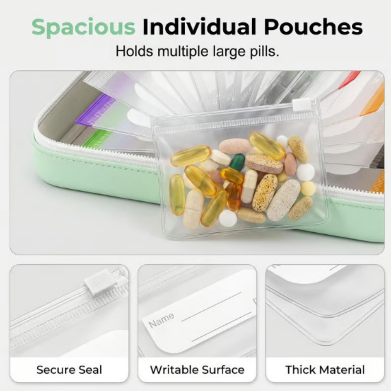 Weekly pill organiser case with 14 transparent labelled pouches