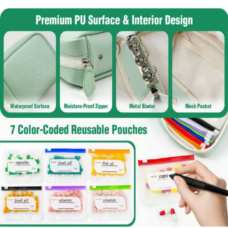 Weekly pill organiser case with 14 transparent labelled pouches