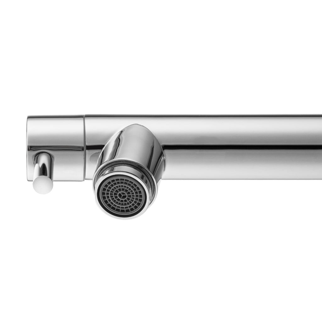 Chrome double-spout kitchen sink mixer tap with spring coil and pull-out hose