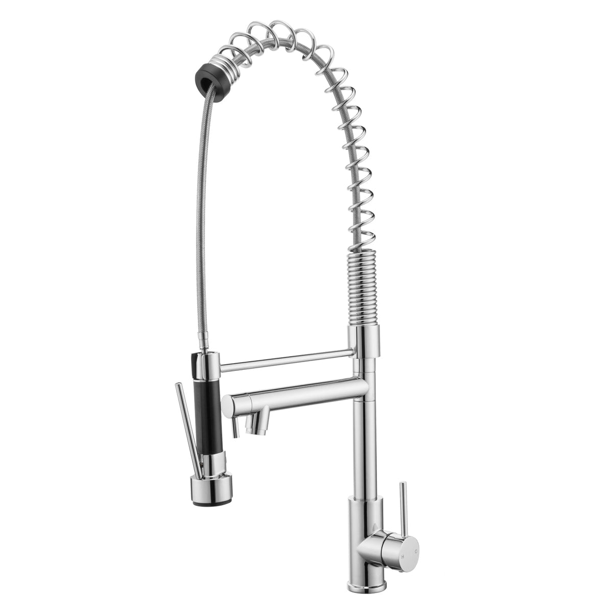 Chrome double-spout kitchen sink mixer tap with spring coil and pull-out hose
