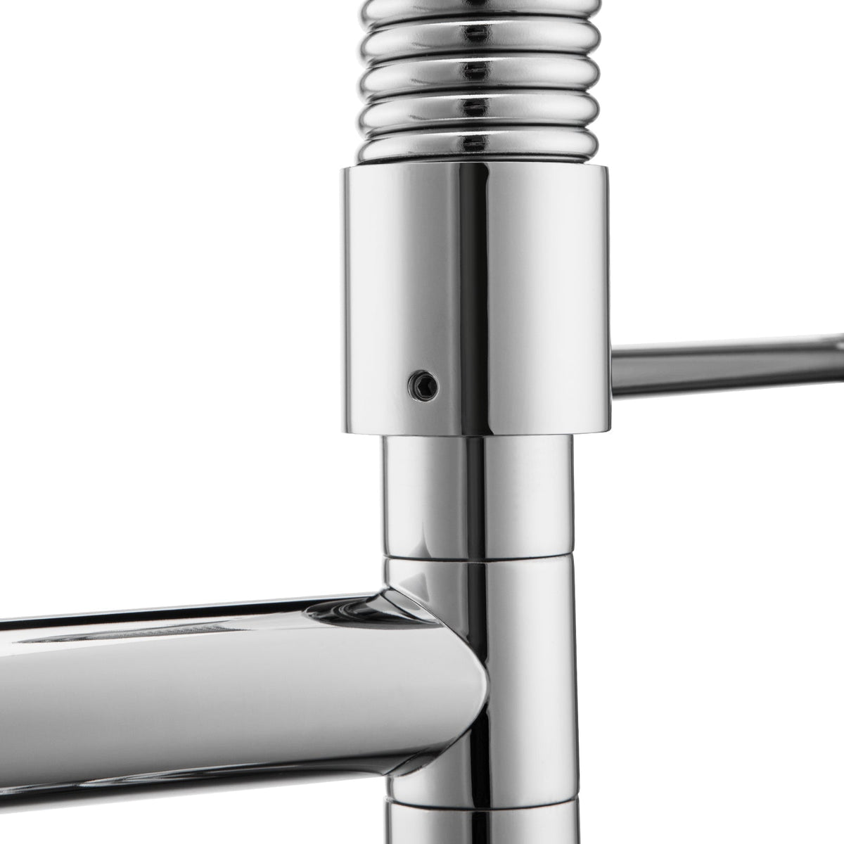 Chrome double-spout kitchen sink mixer tap with spring coil and pull-out hose