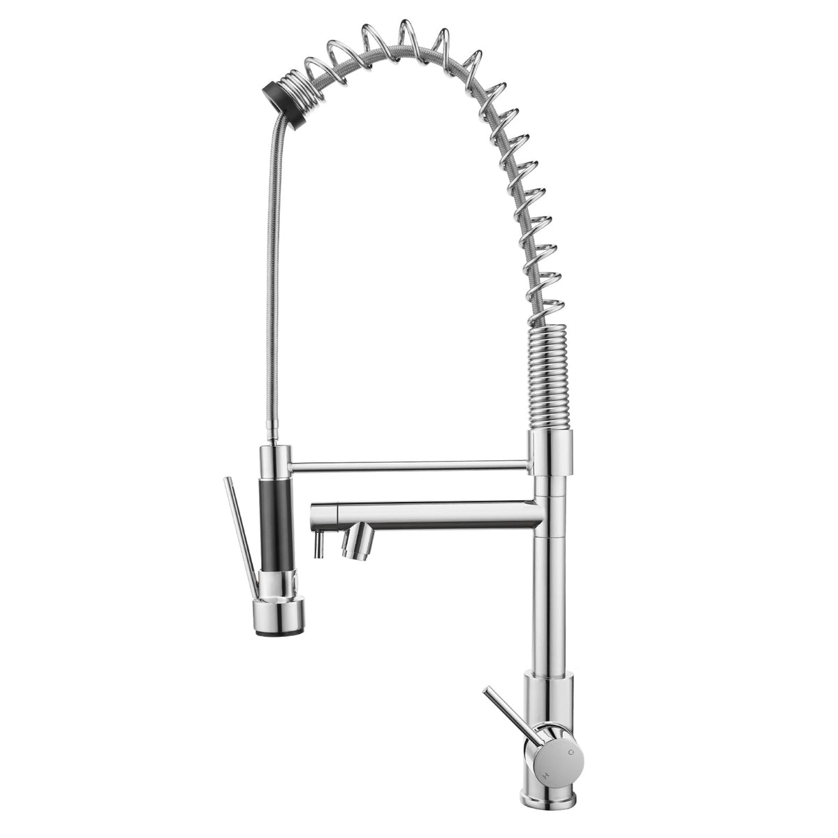 Chrome double-spout kitchen sink mixer tap with spring coil and pull-out hose