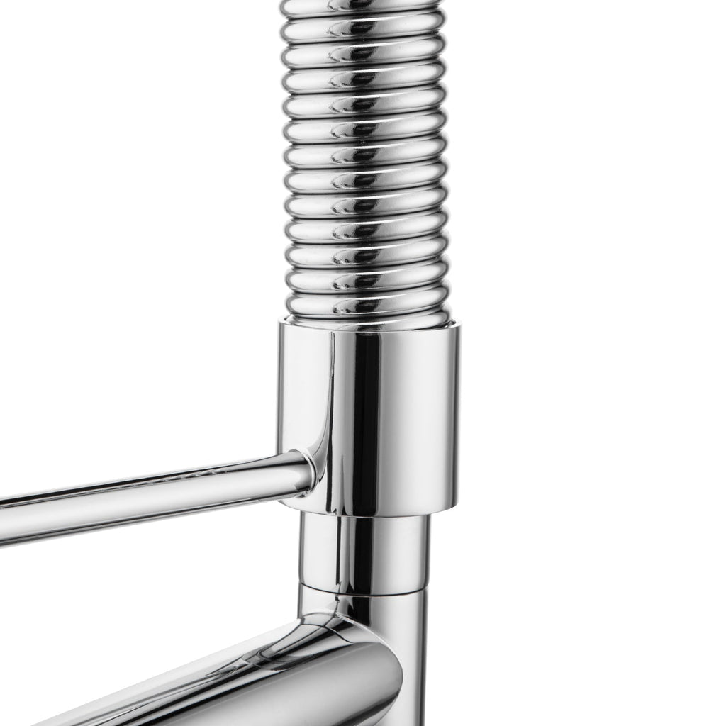 Chrome double-spout kitchen sink mixer tap with spring coil and pull-out hose