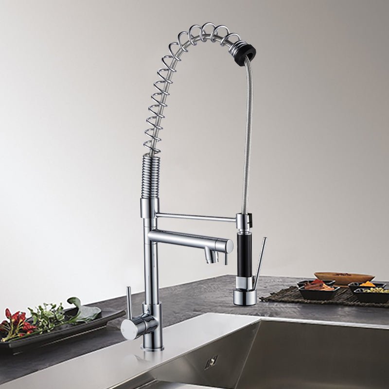 Chrome double-spout kitchen sink mixer tap with spring coil and pull-out hose