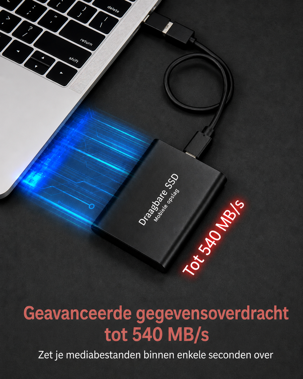 Portable external SSD with cable connection for computer file storage