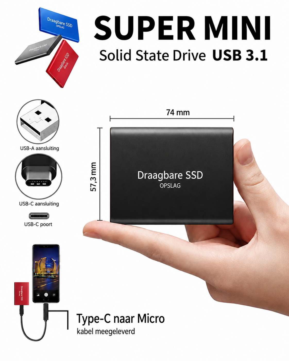 Portable external SSD with cable connection for computer file storage