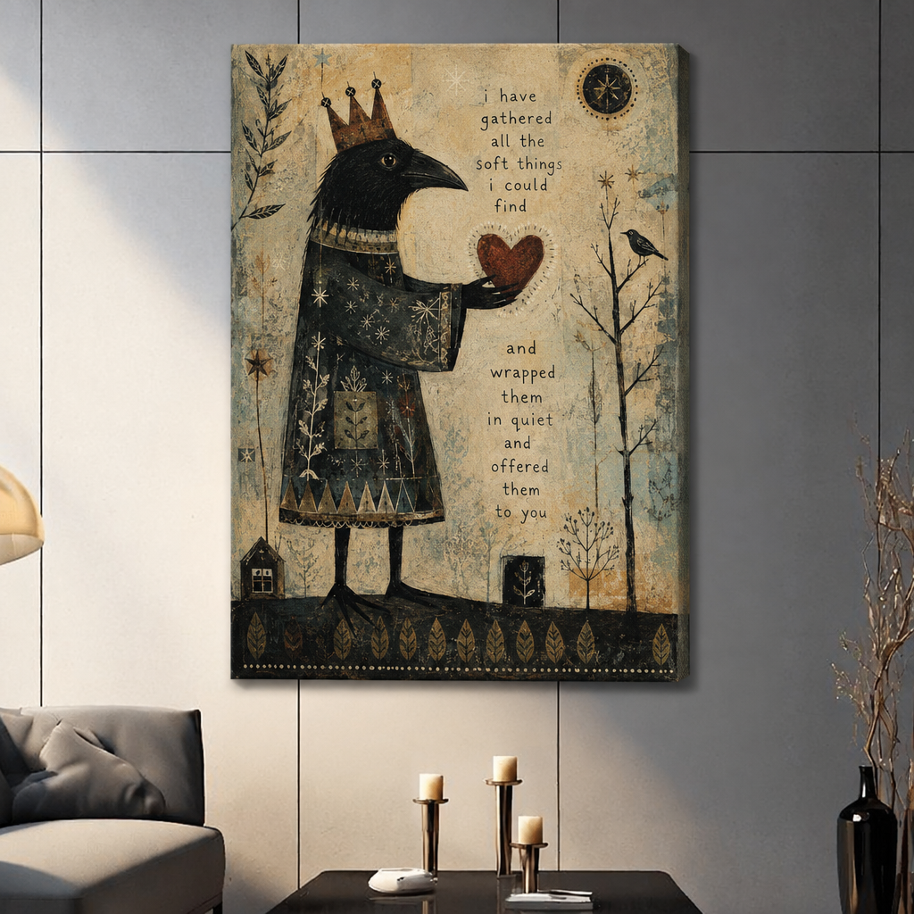 Crowned raven holding a heart on folk art canvas wall decor