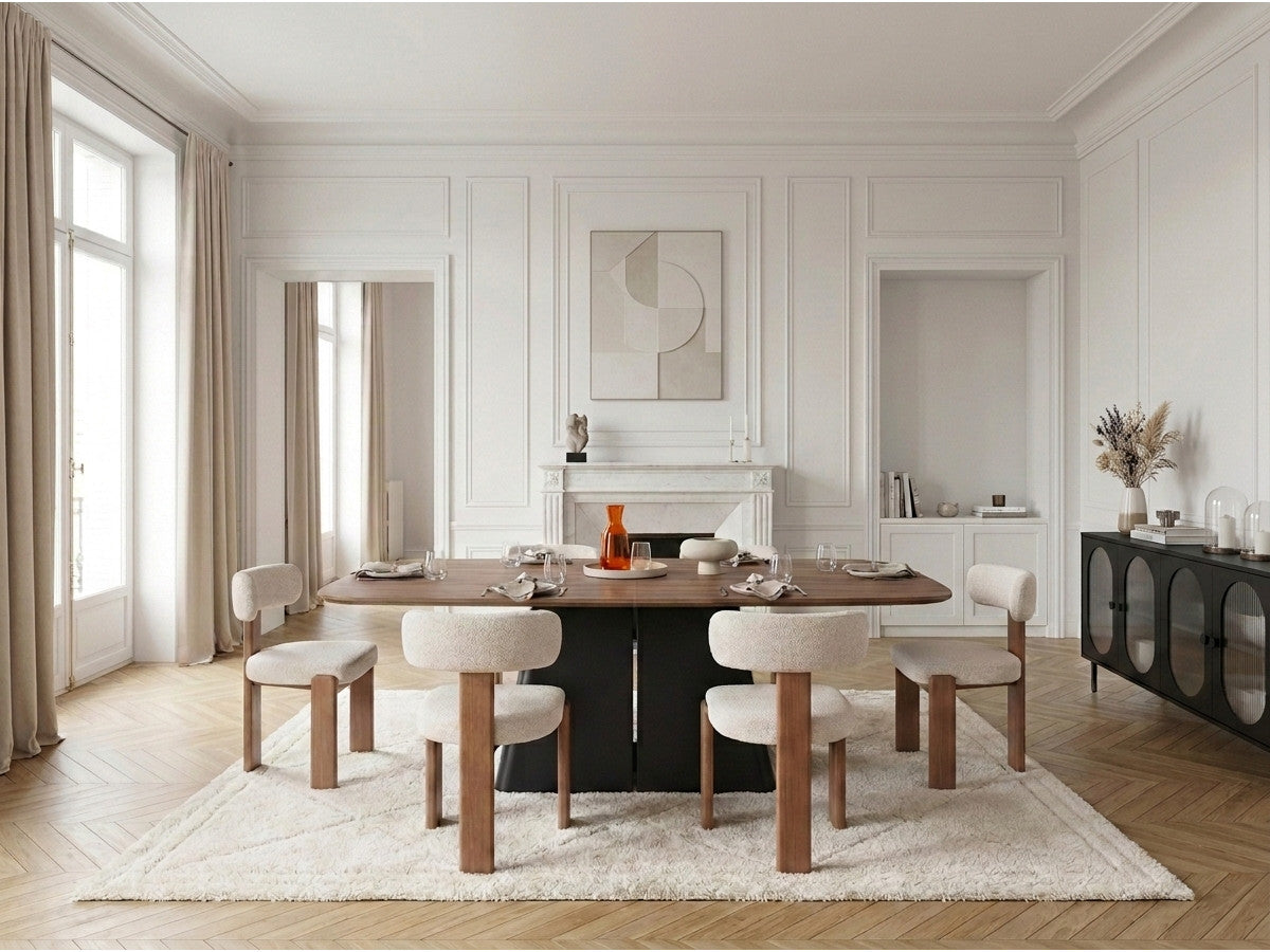 Rectangular brown wood-effect extendable dining table with dark central base