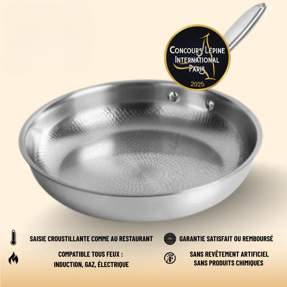 Silver textured non-stick frying pan with long handle