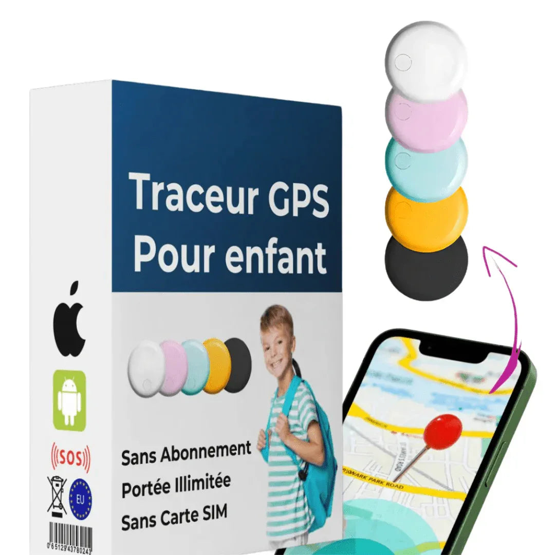 Compact children's GPS tracker with emergency button and retail packaging