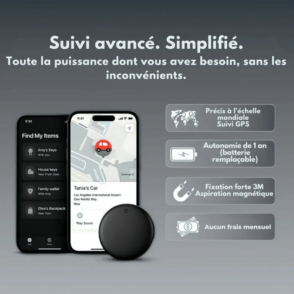 Compact round GPS tracker shown in white and black