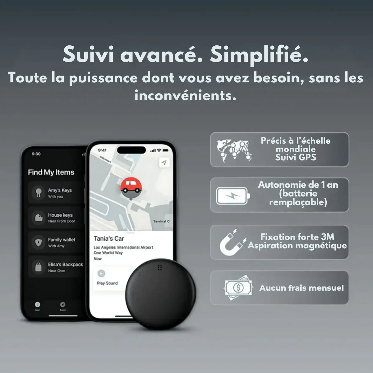 Compact round GPS tracker shown in white and black