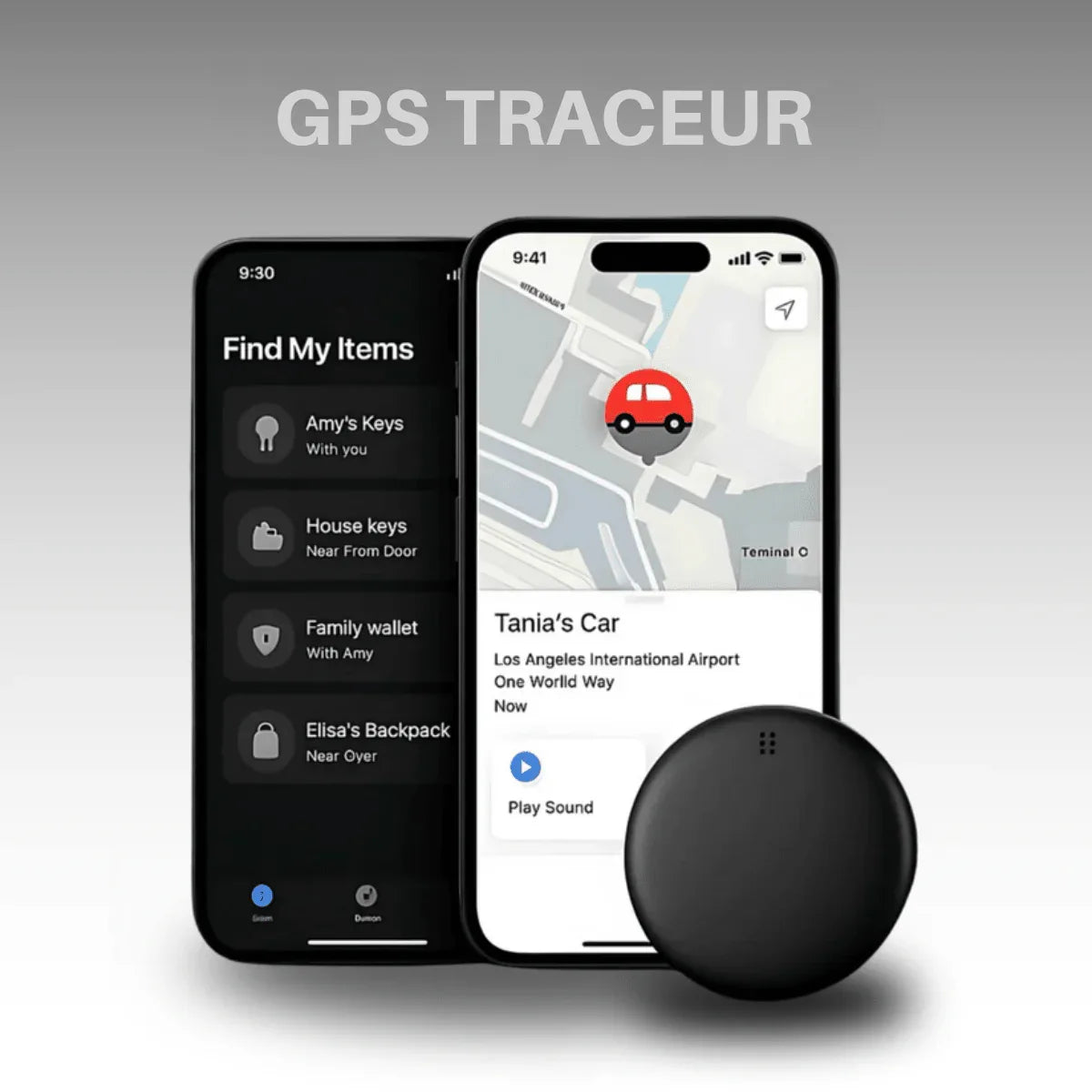 Compact round GPS tracker shown in white and black