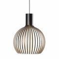Slatted pendant light with a rounded wood-effect shade and hanging cord