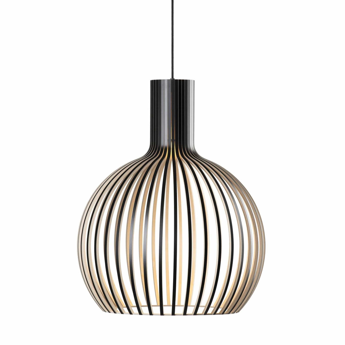 Slatted pendant light with a rounded wood-effect shade and hanging cord