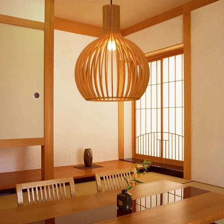 Slatted pendant light with a rounded wood-effect shade and hanging cord