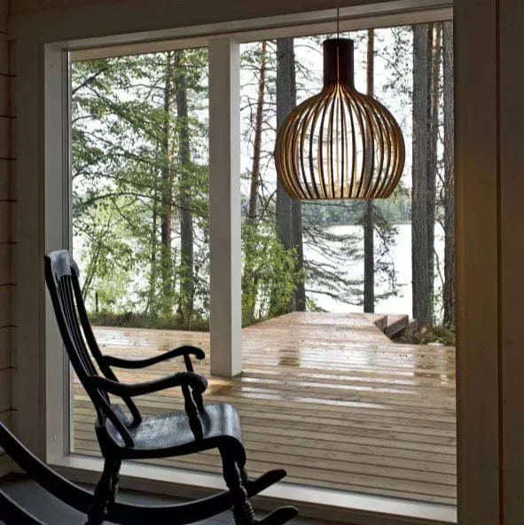 Slatted pendant light with a rounded wood-effect shade and hanging cord