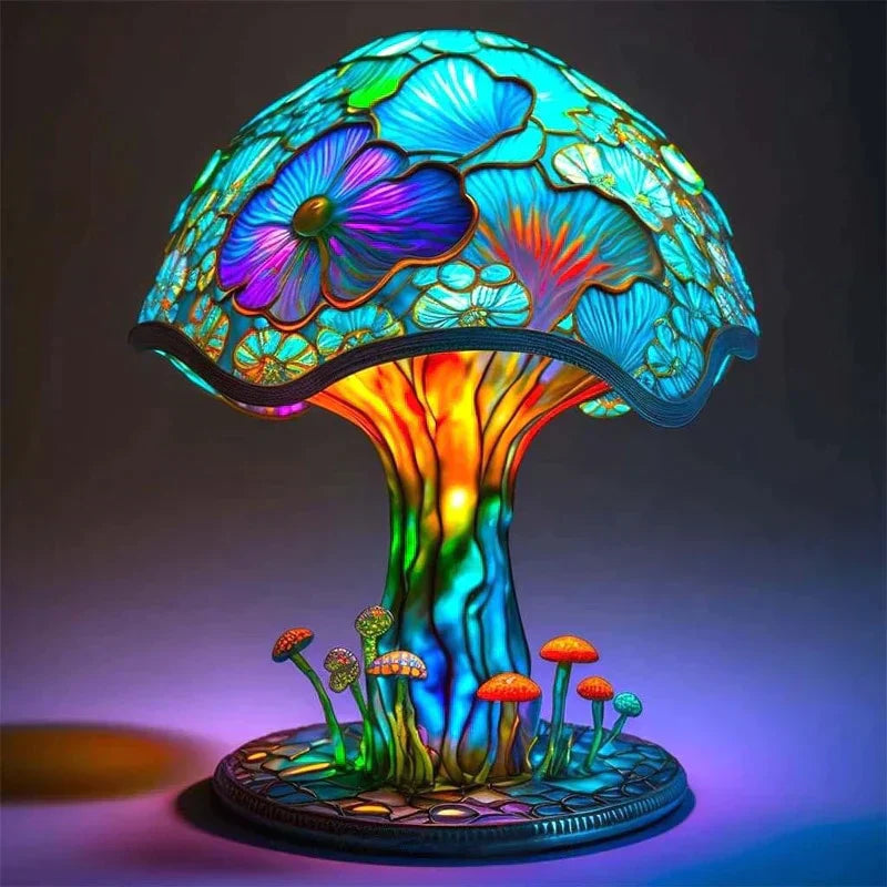 Colourful stained glass-style floral mushroom table lamp