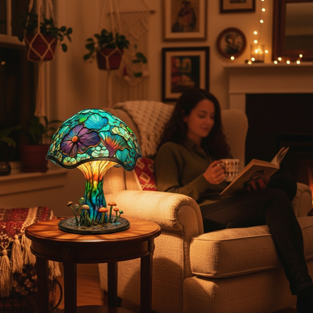 Colourful stained glass-style floral mushroom table lamp