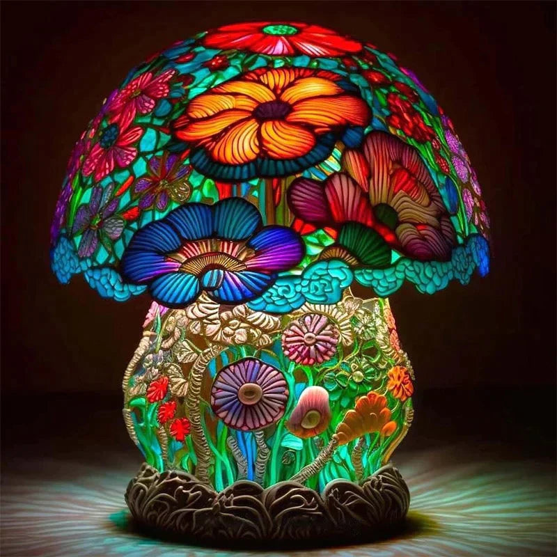 Colourful stained glass-style floral mushroom table lamp